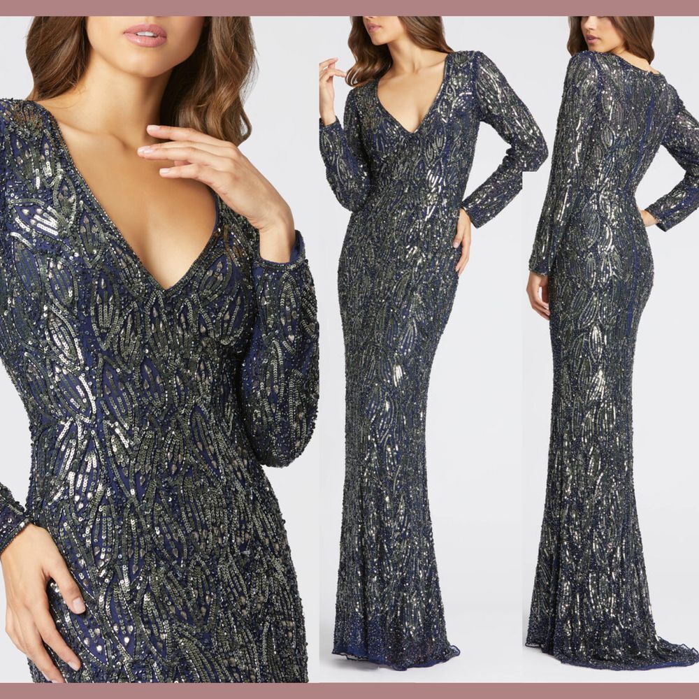 NEW $598‎ Mac Duggal [ 6 ] 4578 Long Sleeve Beaded V-Neck Gown Blue #Q859